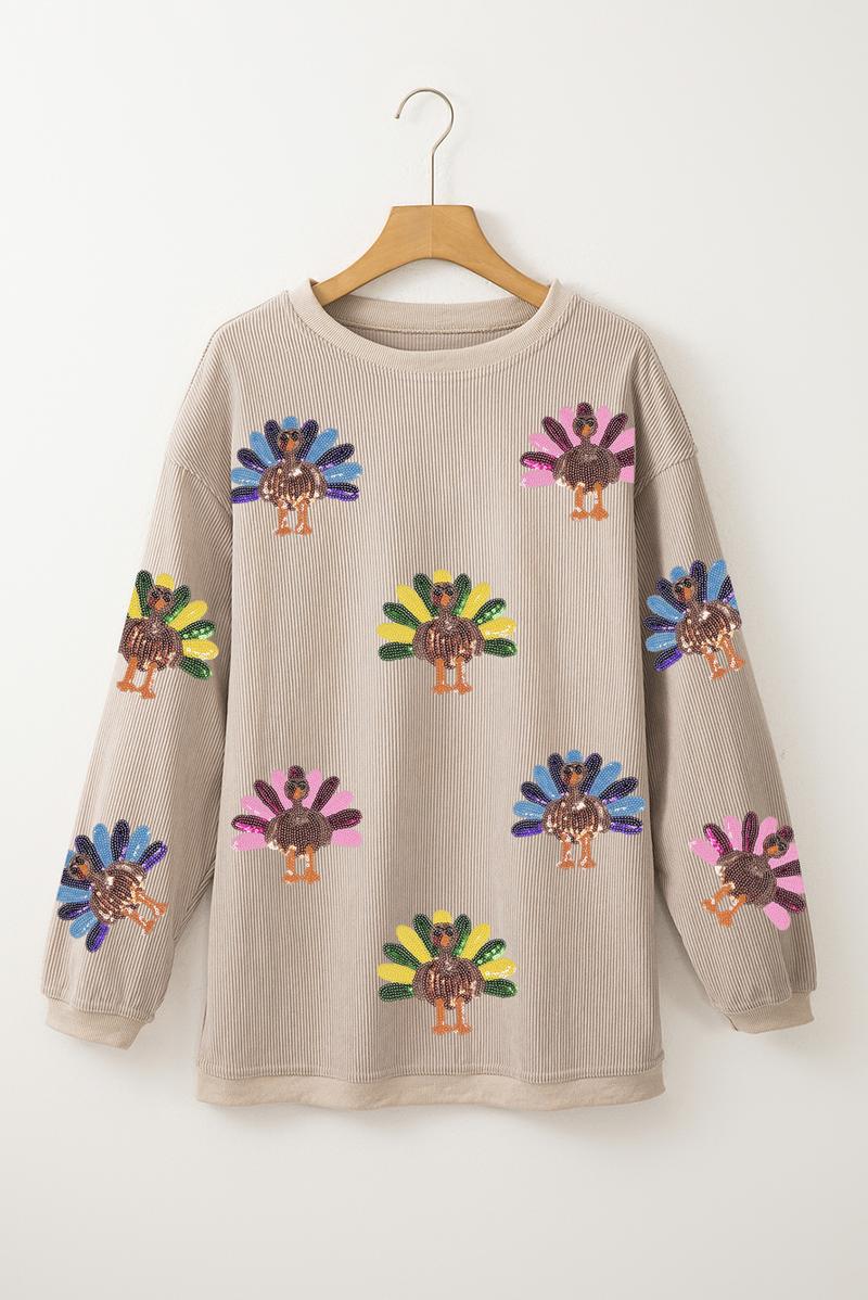 Women's Thanksgiving Sweatshirt with Sequin Turkey Graphic Corded Baggy Long Sleeve Winteroutfit Round Neck Casual Tops for Comfortable Wear - Seldom Seen Styles