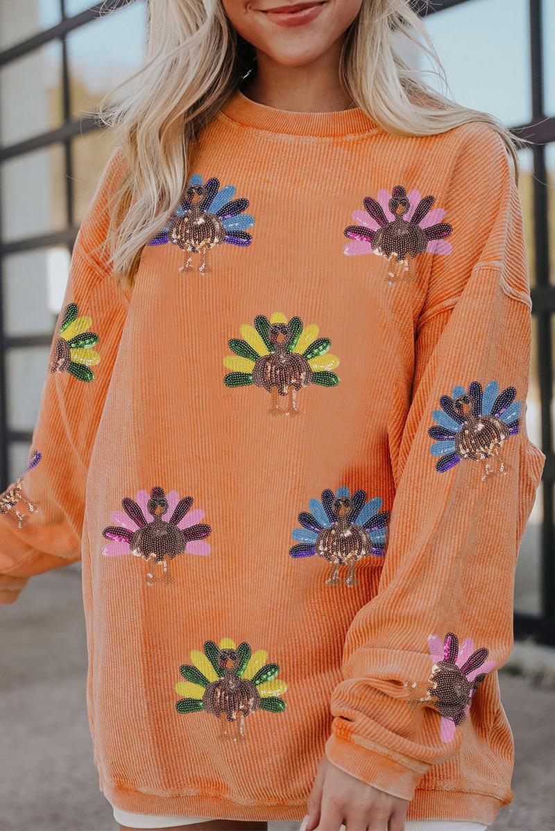 Women's Thanksgiving Sweatshirt with Sequin Turkey Graphic Corded Baggy Long Sleeve Winteroutfit Round Neck Casual Tops for Comfortable Wear - Seldom Seen Styles