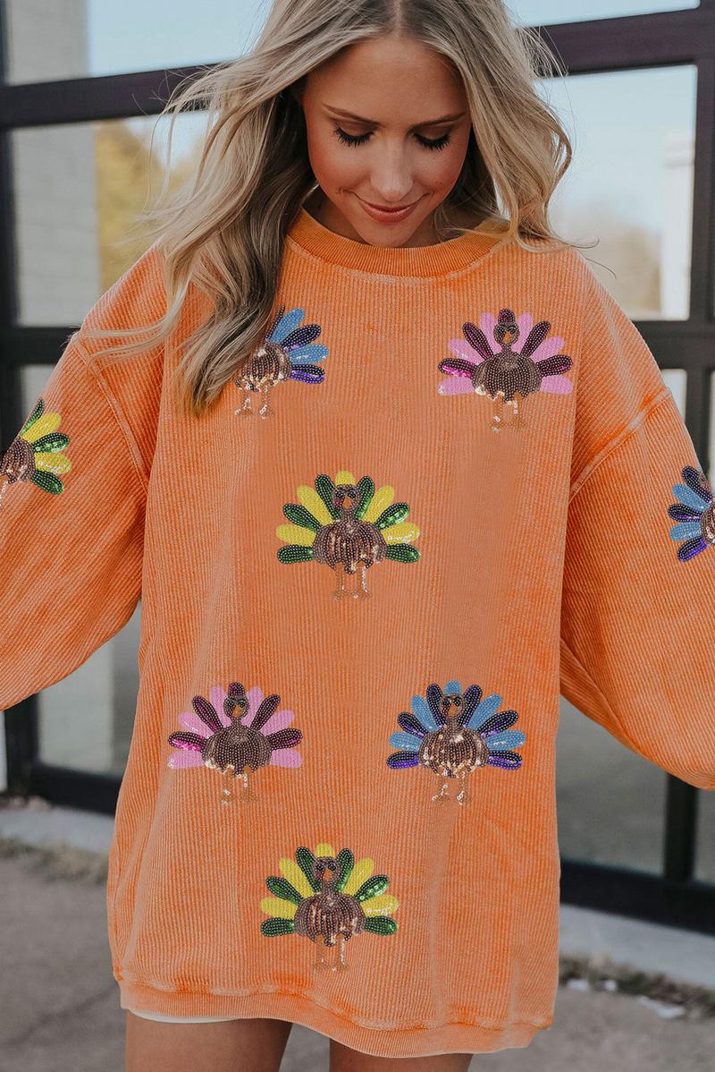 Women's Thanksgiving Sweatshirt with Sequin Turkey Graphic Corded Baggy Long Sleeve Winteroutfit Round Neck Casual Tops for Comfortable Wear - Seldom Seen Styles