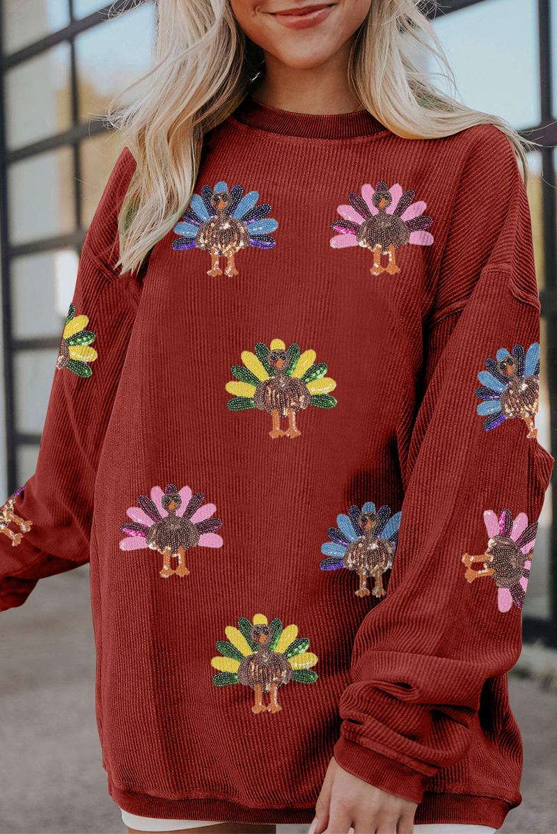 Women's Thanksgiving Sweatshirt with Sequin Turkey Graphic Corded Baggy Long Sleeve Winteroutfit Round Neck Casual Tops for Comfortable Wear - Seldom Seen Styles