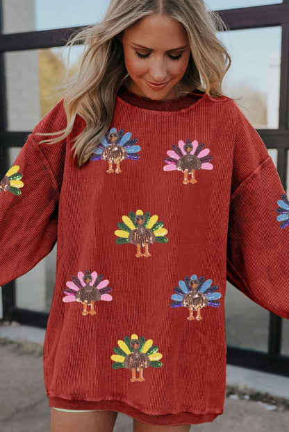 Damen Thanksgiving Sweatshirt mit Pailletten-Truthahn-Grafik, kordiert, weit geschnitten, langärmelig, Winter-Outfit, Rundhalsausschnitt, lässige Oberteile für bequemes Tragen