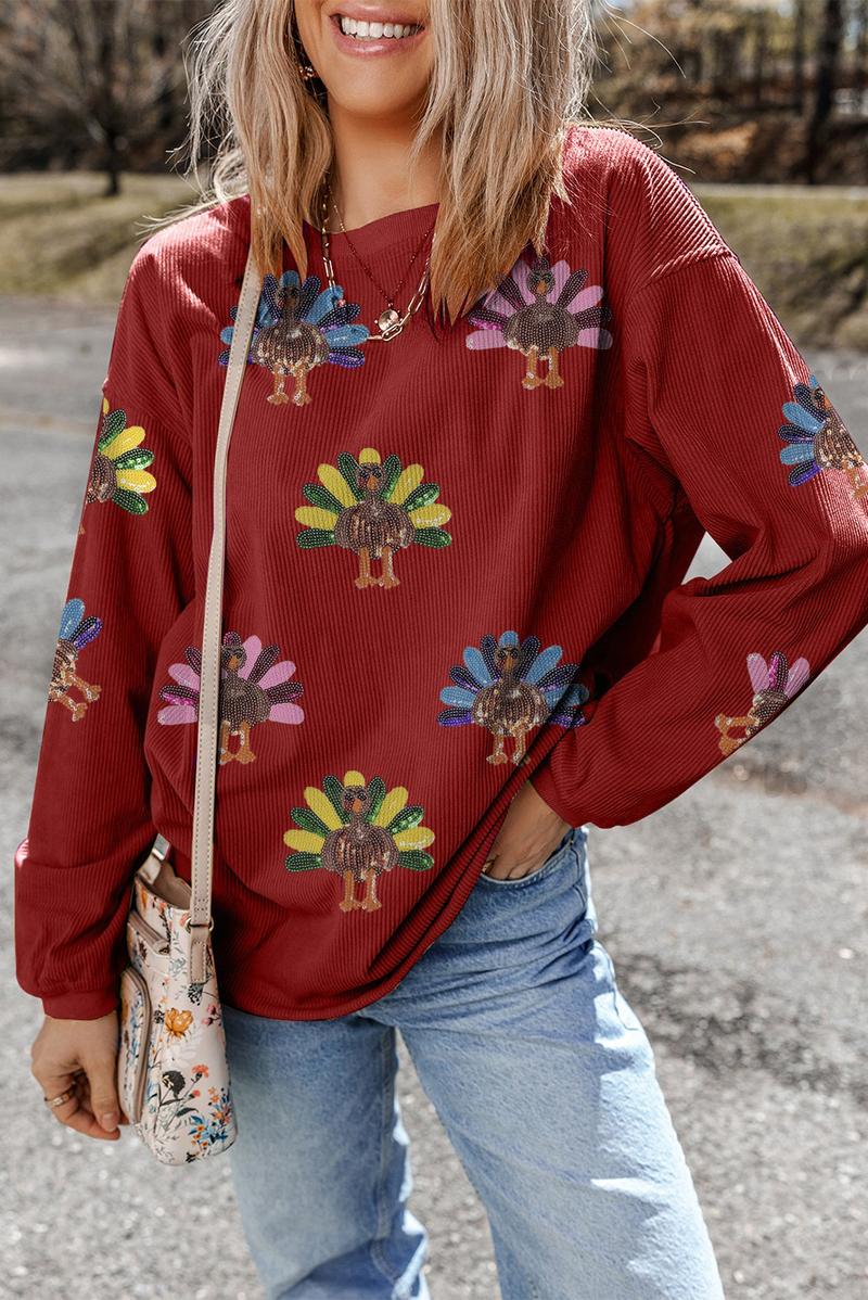 Women's Thanksgiving Sweatshirt with Sequin Turkey Graphic Corded Baggy Long Sleeve Winteroutfit Round Neck Casual Tops for Comfortable Wear - Seldom Seen Styles