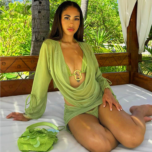 Women's Three Piece Bikini Set Sheer Cover Up Crop Top Sexy Resort Beachwear Set - Seldom Seen Styles