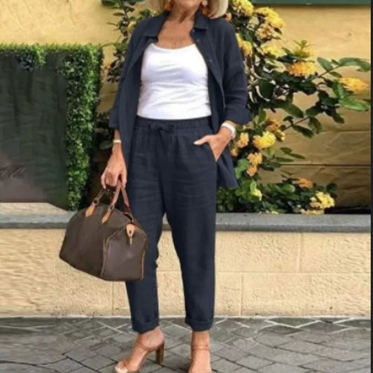 Women's Three Piece Linen Blend Set Open Front Jacket Camisole and Drawstring Pants Casual Matching Outfit - Seldom Seen Styles