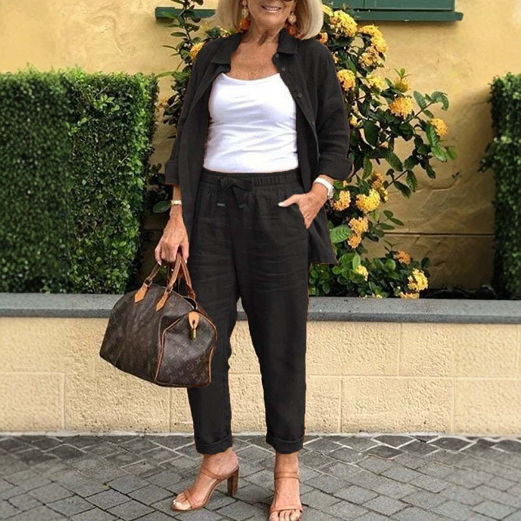 Women's Three Piece Linen Blend Set Open Front Jacket Camisole and Drawstring Pants Casual Matching Outfit - Seldom Seen Styles