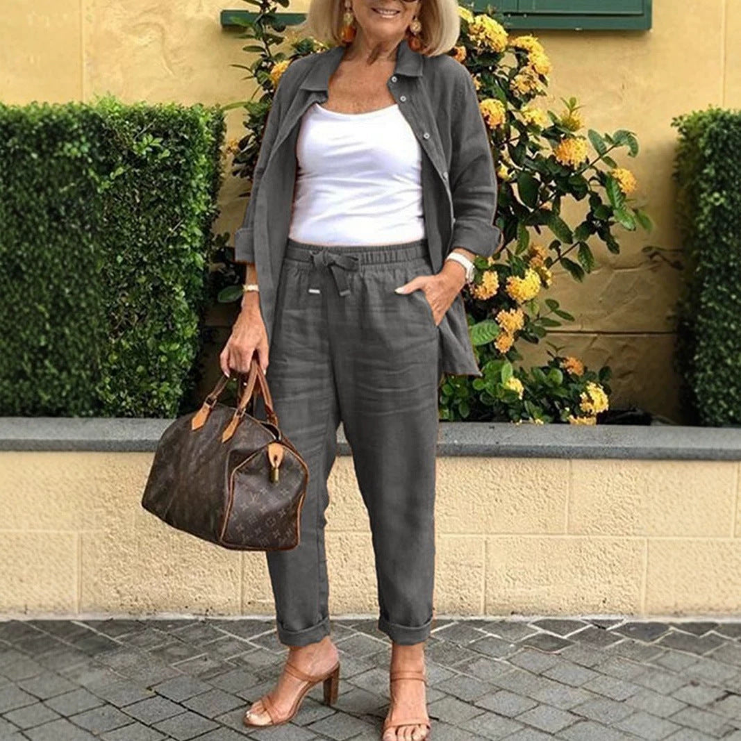 Women's Three Piece Linen Blend Set Open Front Jacket Camisole and Drawstring Pants Casual Matching Outfit - Seldom Seen Styles