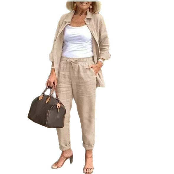 Women's Three Piece Linen Blend Set Open Front Jacket Camisole and Drawstring Pants Casual Matching Outfit - Seldom Seen Styles