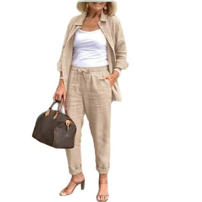 Women's Three Piece Linen Blend Set Open Front Jacket Camisole and Drawstring Pants Casual Matching Outfit