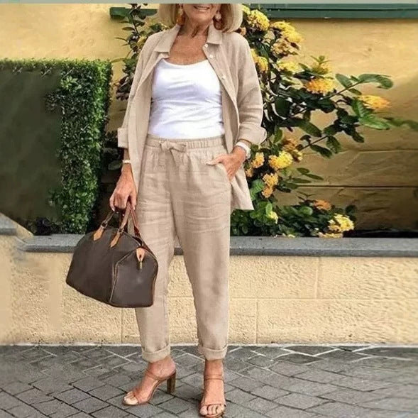 Women's Three Piece Linen Blend Set Open Front Jacket Camisole and Drawstring Pants Casual Matching Outfit - Seldom Seen Styles