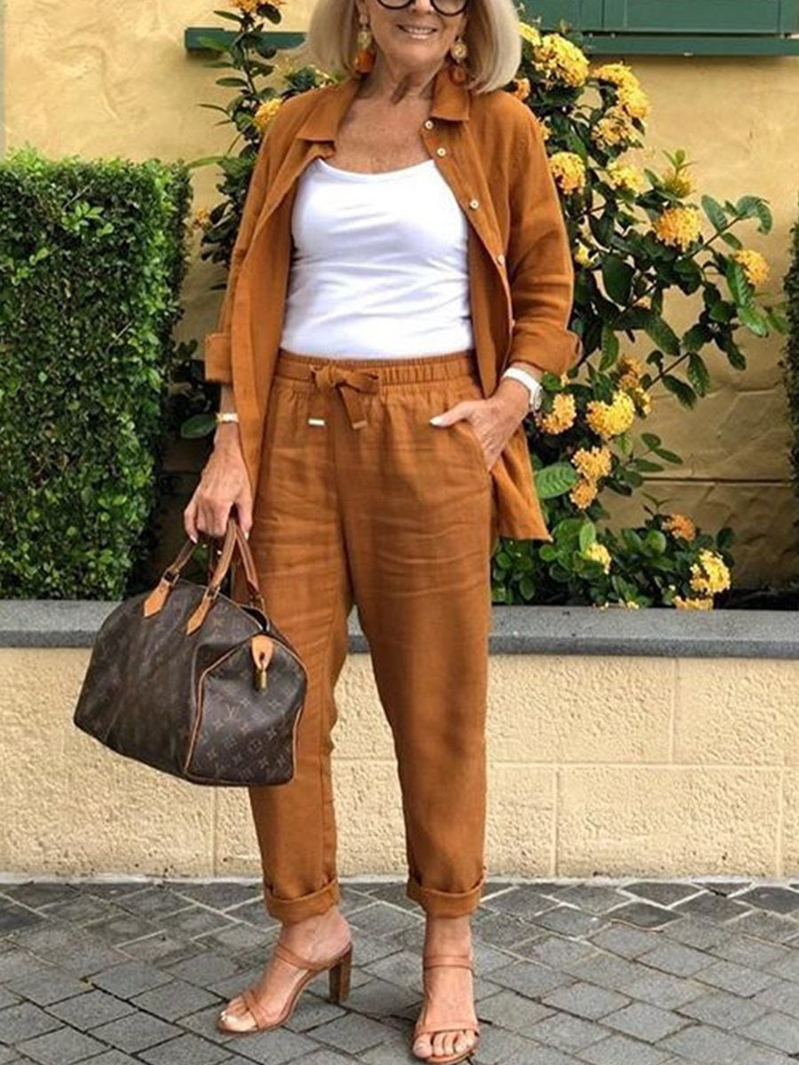 Women's Three Piece Linen Blend Set Open Front Jacket Camisole and Drawstring Pants Casual Matching Outfit - Seldom Seen Styles