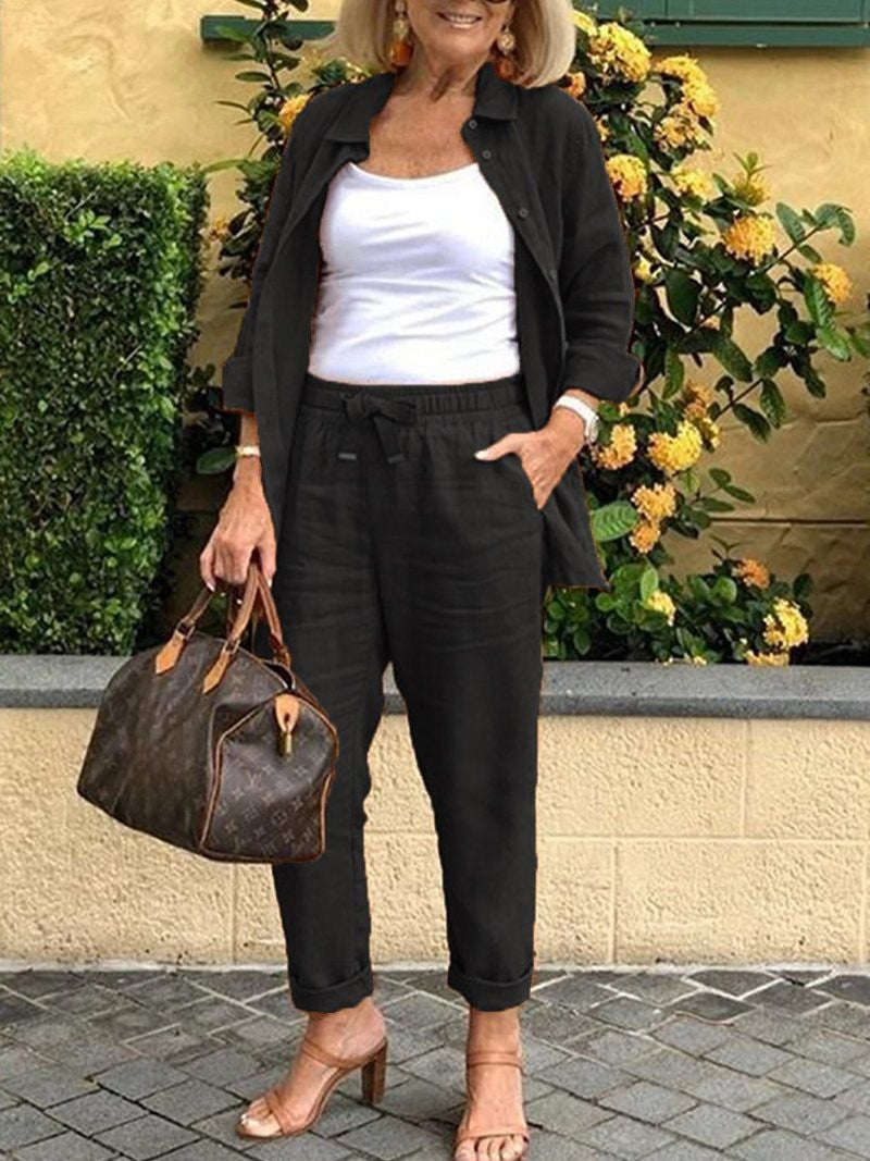 Women's Three Piece Linen Blend Set Open Front Jacket Camisole and Drawstring Pants Casual Matching Outfit - Seldom Seen Styles