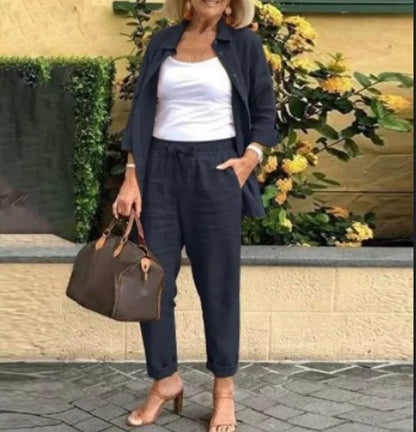 Women's Three Piece Linen Blend Set Open Front Jacket Camisole and Drawstring Pants Casual Matching Outfit