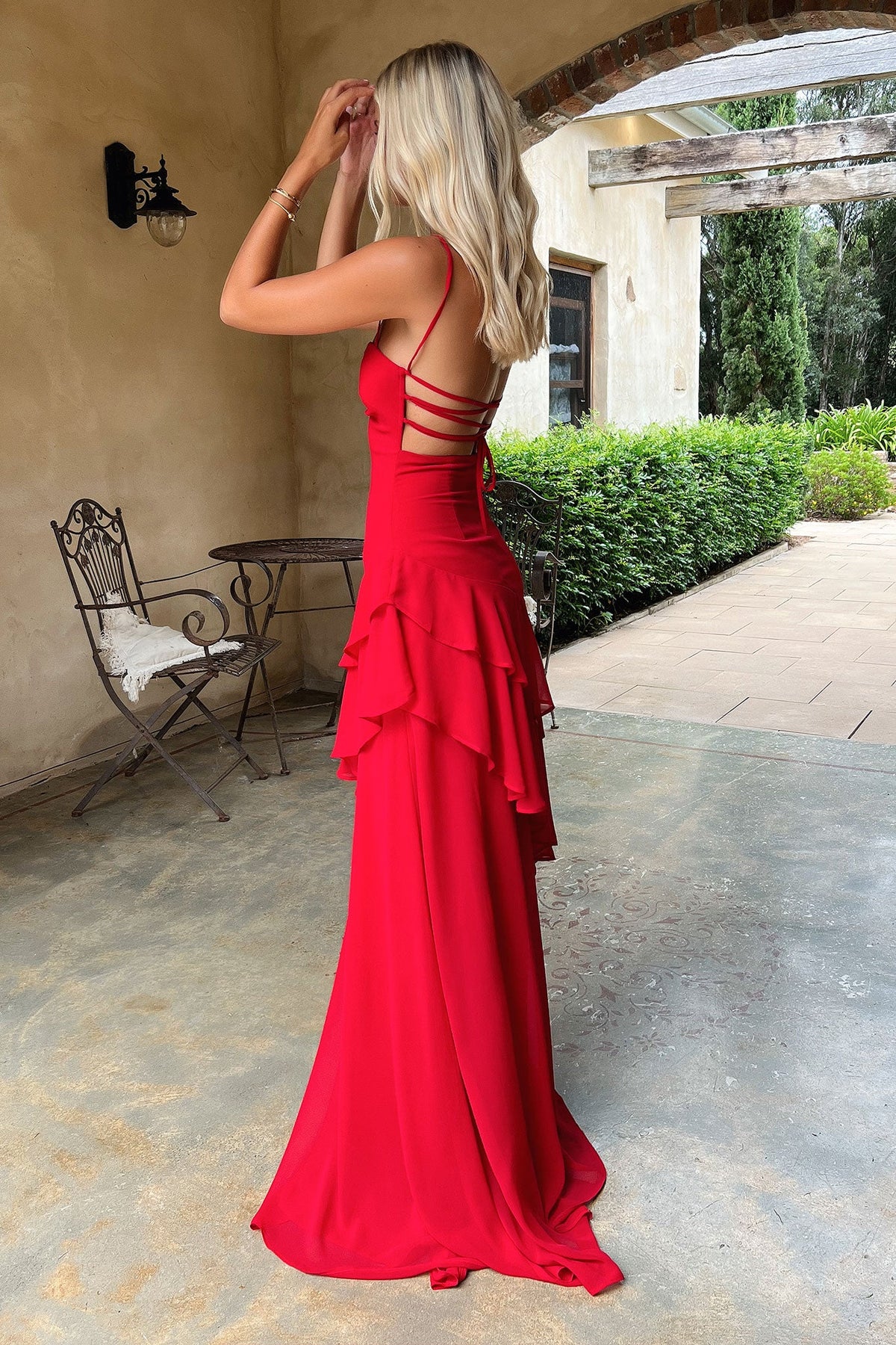 Women's Tiered Ruffle Maxi Dress Sweetheart Neckline Spaghetti Strap Lace Up Back Formal Wedding Guest Summer Evening Dress Red - Seldom Seen Styles