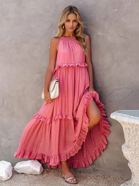 Women's Tiered Ruffle Maxi Dress with Pockets Smocked Halter Neckline Flowy Boho Summer Casual Long Dress - Seldom Seen Styles