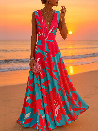 Women's Tropical Floral Maxi Dress Sleeveless V Neck Vacation Beach Dress