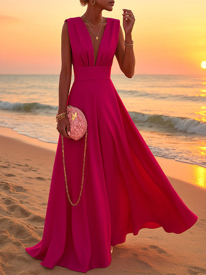 Women's Tropical Floral Maxi Dress Sleeveless V Neck Vacation Beach Dress