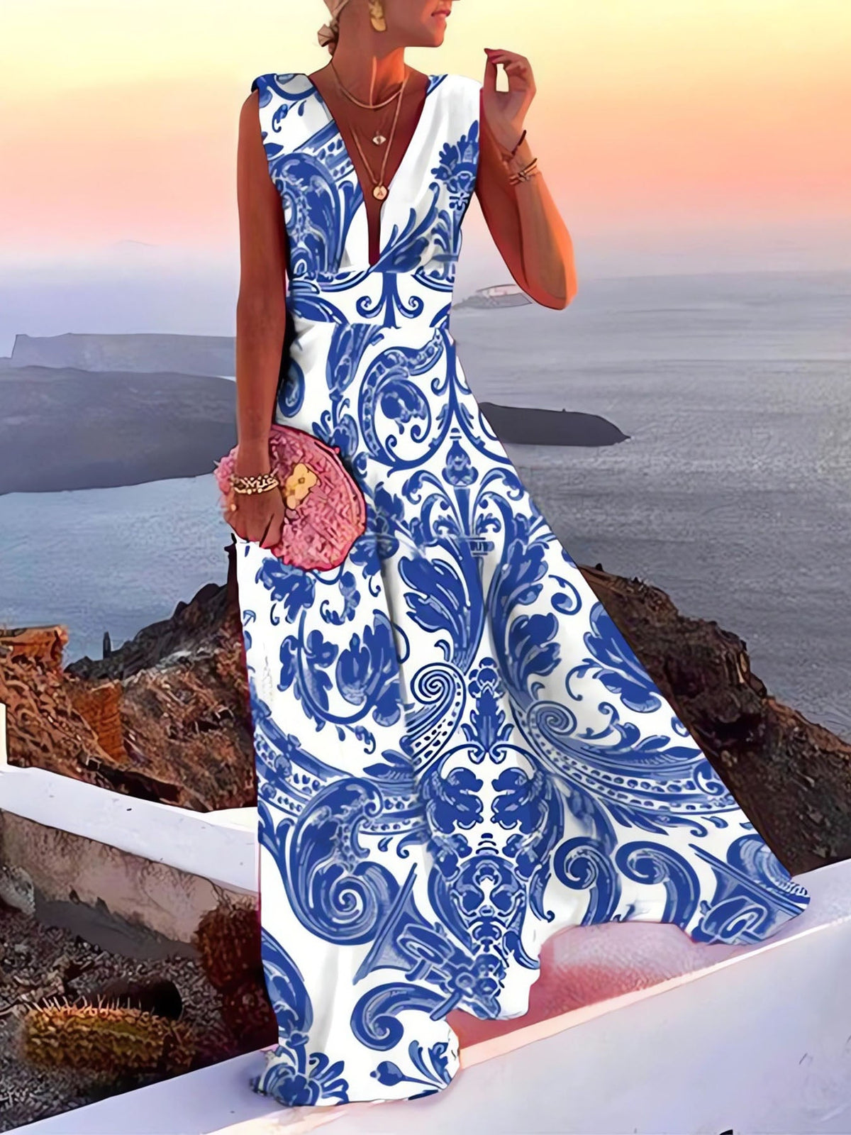 Women's Tropical Floral Maxi Dress Sleeveless V Neck Vacation Beach Dress - Seldom Seen Styles