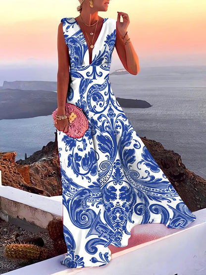Women's Tropical Floral Maxi Dress Sleeveless V Neck Vacation Beach Dress