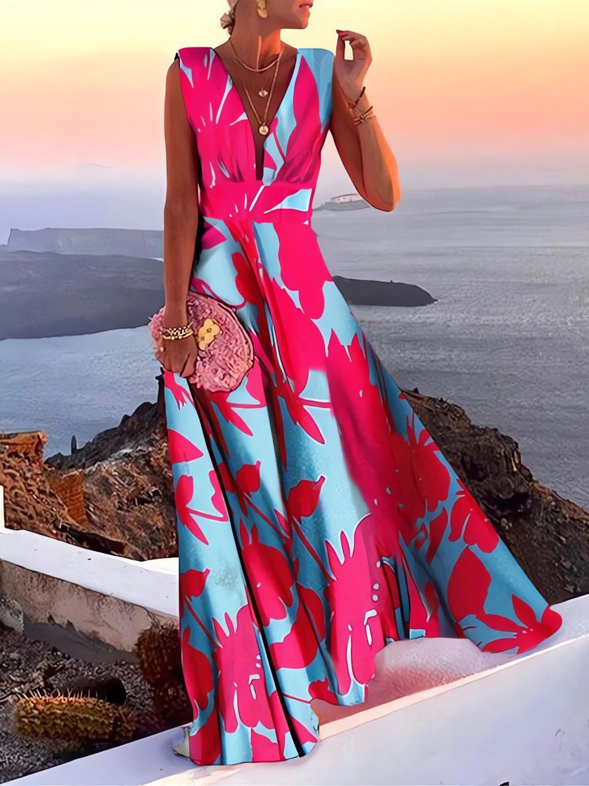 Women's Tropical Floral Maxi Dress Sleeveless V Neck Vacation Beach Dress - Seldom Seen Styles