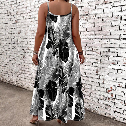 Women's Tropical Leaf Print Maxi Dress Sleeveless Spaghetti Strap Summer Beach Dress Casual Vacation Sundress