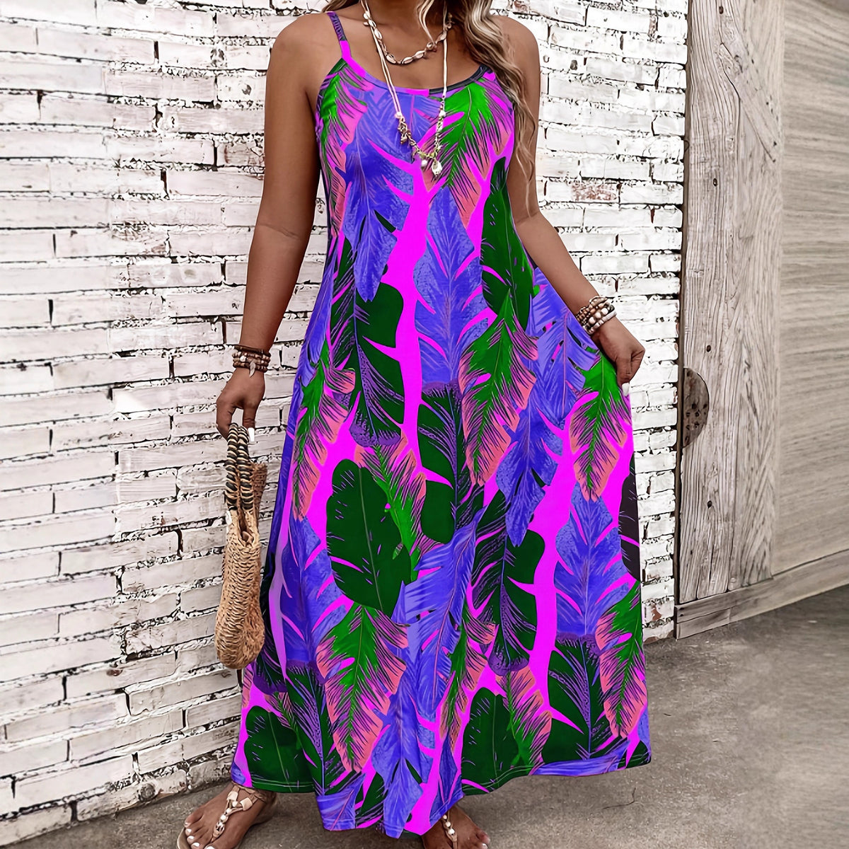 Women's Tropical Leaf Print Maxi Dress Sleeveless Spaghetti Strap Summer Beach Dress Casual Vacation Sundress - Seldom Seen Styles