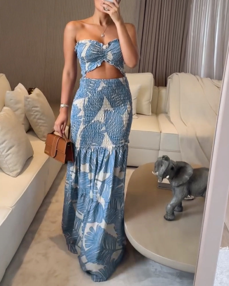 Women's Tropical Print Halter Neck Dress Shirred Ruched Cutout Frill Hem Mermaid Slim Fit Summer Beach Vacation Party Maxi Dress | Tropic Mermaid - Seldom Seen Styles