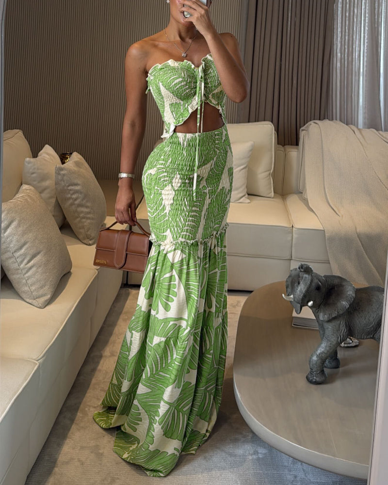 Women's Tropical Print Halter Neck Dress Shirred Ruched Cutout Frill Hem Mermaid Slim Fit Summer Beach Vacation Party Maxi Dress | Tropic Mermaid - Seldom Seen Styles