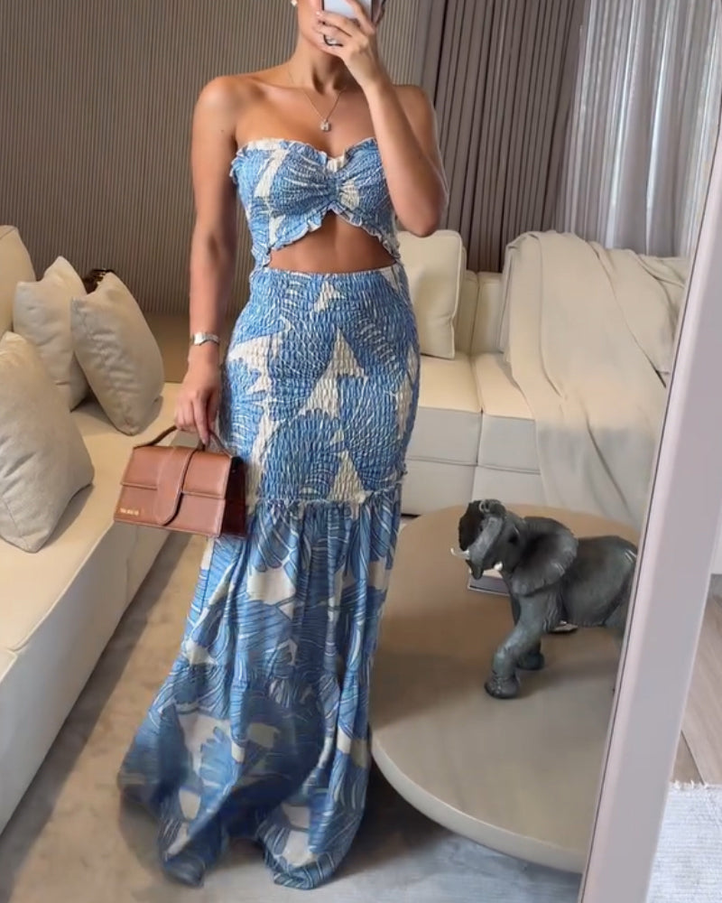 Women's Tropical Print Halter Neck Dress Shirred Ruched Cutout Frill Hem Mermaid Slim Fit Summer Beach Vacation Party Maxi Dress | Tropic Mermaid - Seldom Seen Styles