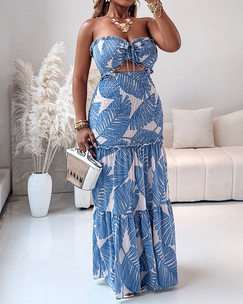 Women's Tropical Print Halter Neck Dress Shirred Ruched Cutout Frill Hem Mermaid Slim Fit Summer Beach Vacation Party Maxi Dress | Tropic Mermaid - Seldom Seen Styles