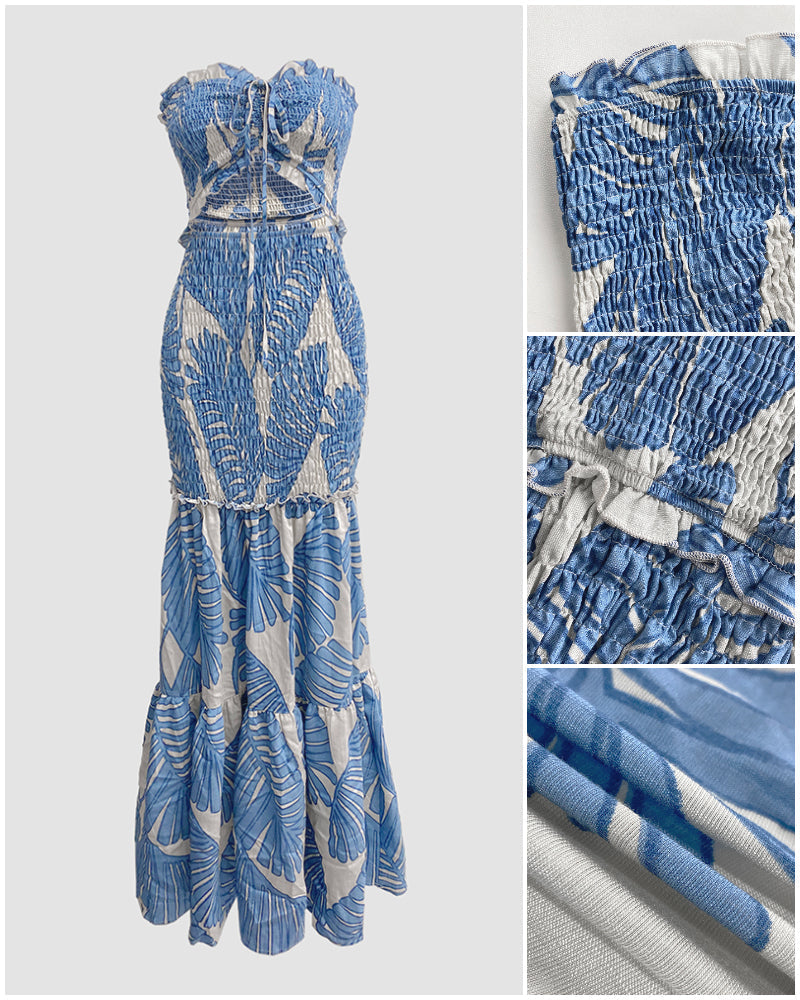 Women's Tropical Print Halter Neck Dress Shirred Ruched Cutout Frill Hem Mermaid Slim Fit Summer Beach Vacation Party Maxi Dress | Tropic Mermaid - Seldom Seen Styles