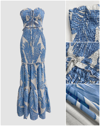Women's Tropical Print Halter Neck Dress Shirred Ruched Cutout Frill Hem Mermaid Slim Fit Summer Beach Vacation Party Maxi Dress | Tropic Mermaid