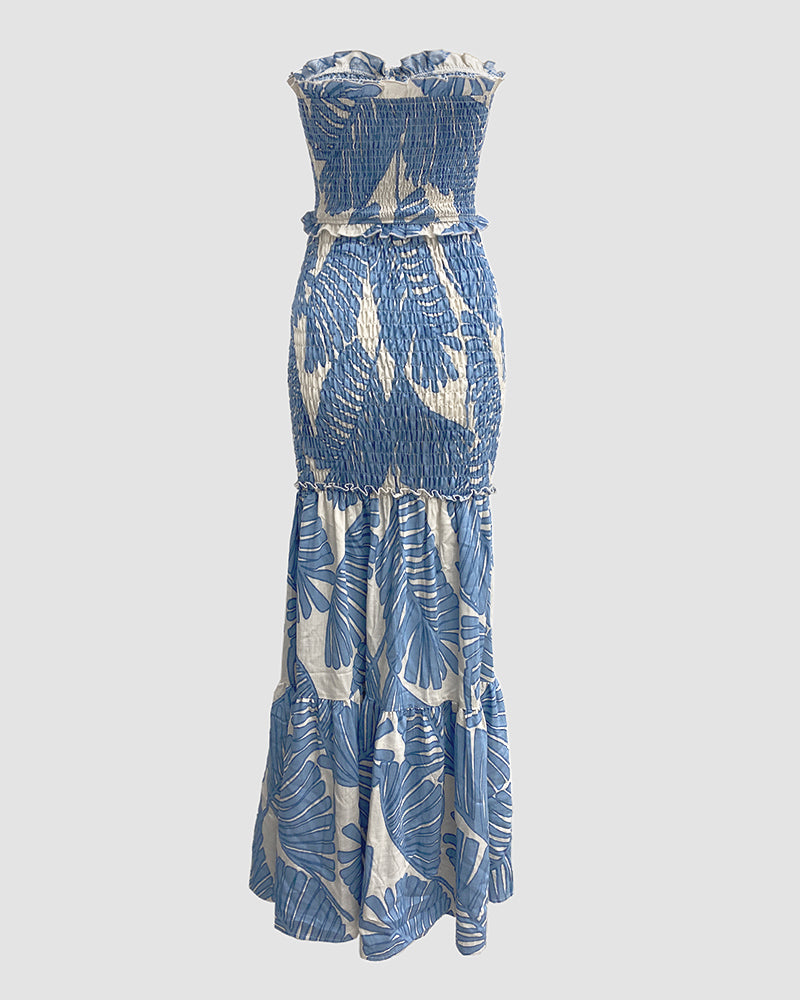 Women's Tropical Print Halter Neck Dress Shirred Ruched Cutout Frill Hem Mermaid Slim Fit Summer Beach Vacation Party Maxi Dress | Tropic Mermaid - Seldom Seen Styles