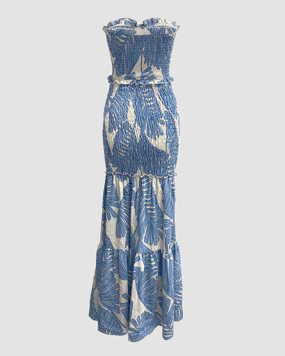 Women's Tropical Print Halter Neck Dress Shirred Ruched Cutout Frill Hem Mermaid Slim Fit Summer Beach Vacation Party Maxi Dress | Tropic Mermaid