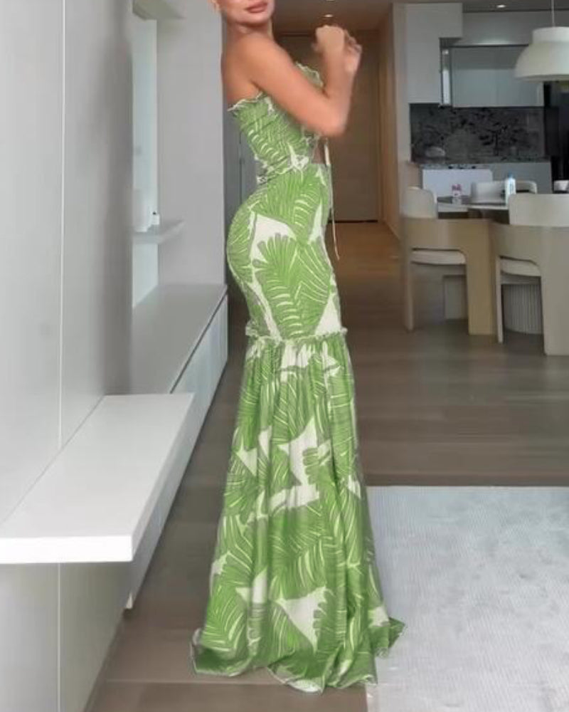 Women's Tropical Print Halter Neck Dress Shirred Ruched Cutout Frill Hem Mermaid Slim Fit Summer Beach Vacation Party Maxi Dress | Tropic Mermaid - Seldom Seen Styles