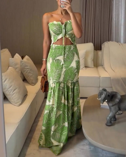 Women's Tropical Print Halter Neck Dress Shirred Ruched Cutout Frill Hem Mermaid Slim Fit Summer Beach Vacation Party Maxi Dress | Tropic Mermaid
