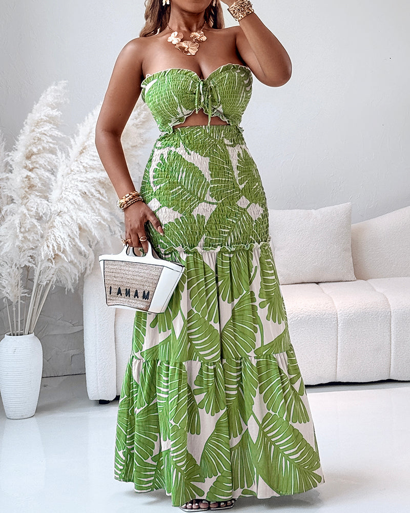 Women's Tropical Print Halter Neck Dress Shirred Ruched Cutout Frill Hem Mermaid Slim Fit Summer Beach Vacation Party Maxi Dress | Tropic Mermaid - Seldom Seen Styles