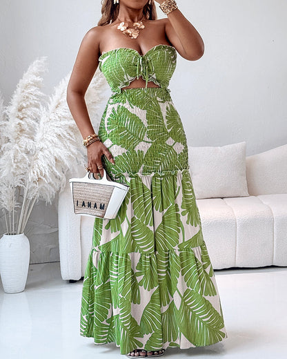 Women's Tropical Print Halter Neck Dress Shirred Ruched Cutout Frill Hem Mermaid Slim Fit Summer Beach Vacation Party Maxi Dress | Tropic Mermaid