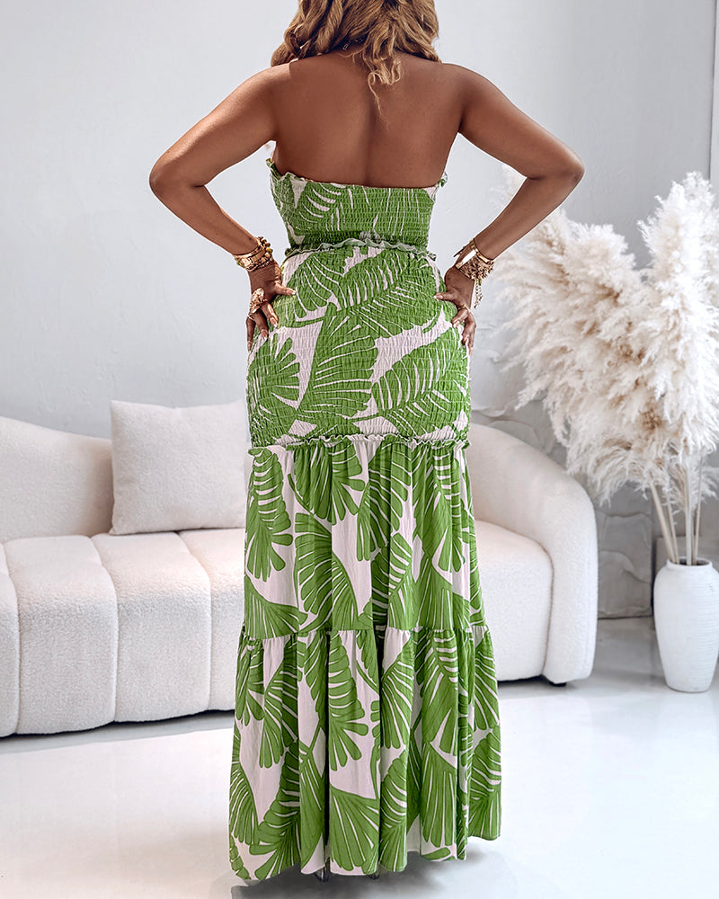 Women's Tropical Print Halter Neck Dress Shirred Ruched Cutout Frill Hem Mermaid Slim Fit Summer Beach Vacation Party Maxi Dress | Tropic Mermaid - Seldom Seen Styles