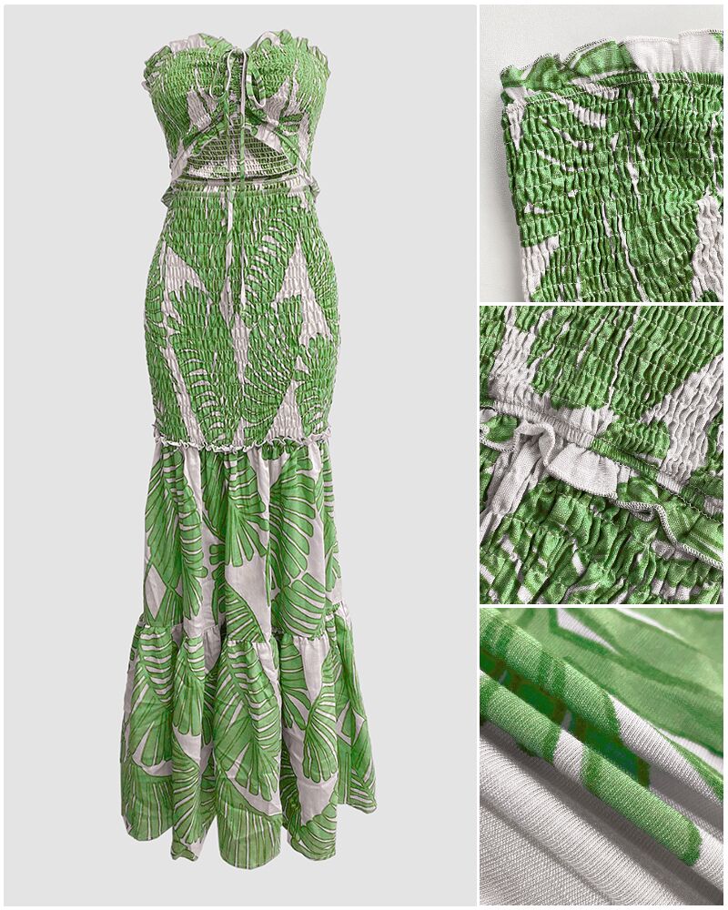 Women's Tropical Print Halter Neck Dress Shirred Ruched Cutout Frill Hem Mermaid Slim Fit Summer Beach Vacation Party Maxi Dress | Tropic Mermaid - Seldom Seen Styles