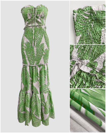 Women's Tropical Print Halter Neck Dress Shirred Ruched Cutout Frill Hem Mermaid Slim Fit Summer Beach Vacation Party Maxi Dress | Tropic Mermaid