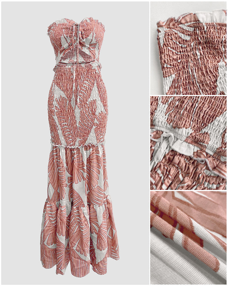 Women's Tropical Print Halter Neck Dress Shirred Ruched Cutout Frill Hem Mermaid Slim Fit Summer Beach Vacation Party Maxi Dress | Tropic Mermaid - Seldom Seen Styles
