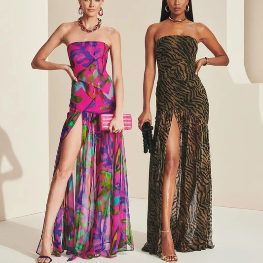 Women's Tube Top DressStrapless Backless Mesh Patchwork Tropical Leopard Print High Slit Long Dress for Party Club Night - Seldom Seen Styles