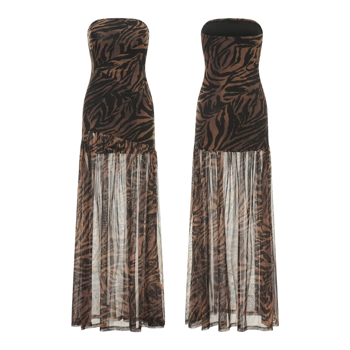 Women's Tube Top DressStrapless Backless Mesh Patchwork Tropical Leopard Print High Slit Long Dress for Party Club Night - Seldom Seen Styles