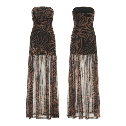 Women's Tube Top DressStrapless Backless Mesh Patchwork Tropical Leopard Print High Slit Long Dress for Party Club Night