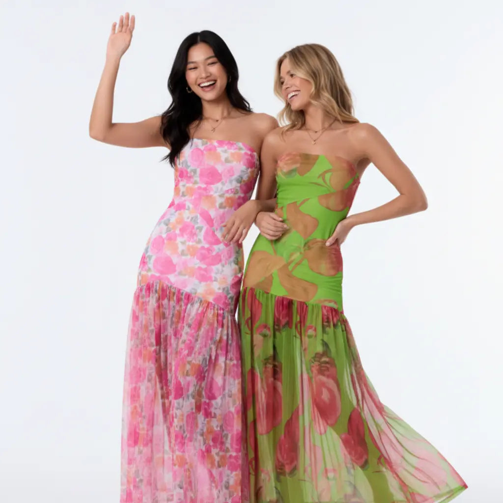 Women's Tube Top DressStrapless Backless Mesh Patchwork Tropical Leopard Print High Slit Long Dress for Party Club Night - Seldom Seen Styles