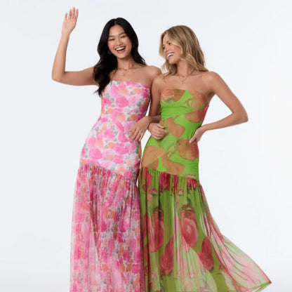 Women's Tube Top DressStrapless Backless Mesh Patchwork Tropical Leopard Print High Slit Long Dress for Party Club Night