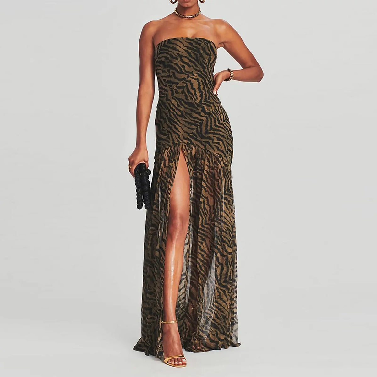 Women's Tube Top DressStrapless Backless Mesh Patchwork Tropical Leopard Print High Slit Long Dress for Party Club Night - Seldom Seen Styles