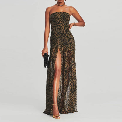 Women's Tube Top DressStrapless Backless Mesh Patchwork Tropical Leopard Print High Slit Long Dress for Party Club Night