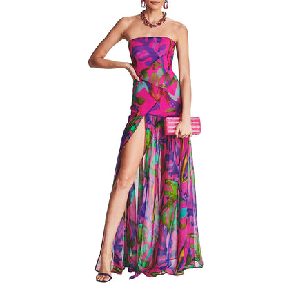 Women's Tube Top DressStrapless Backless Mesh Patchwork Tropical Leopard Print High Slit Long Dress for Party Club Night