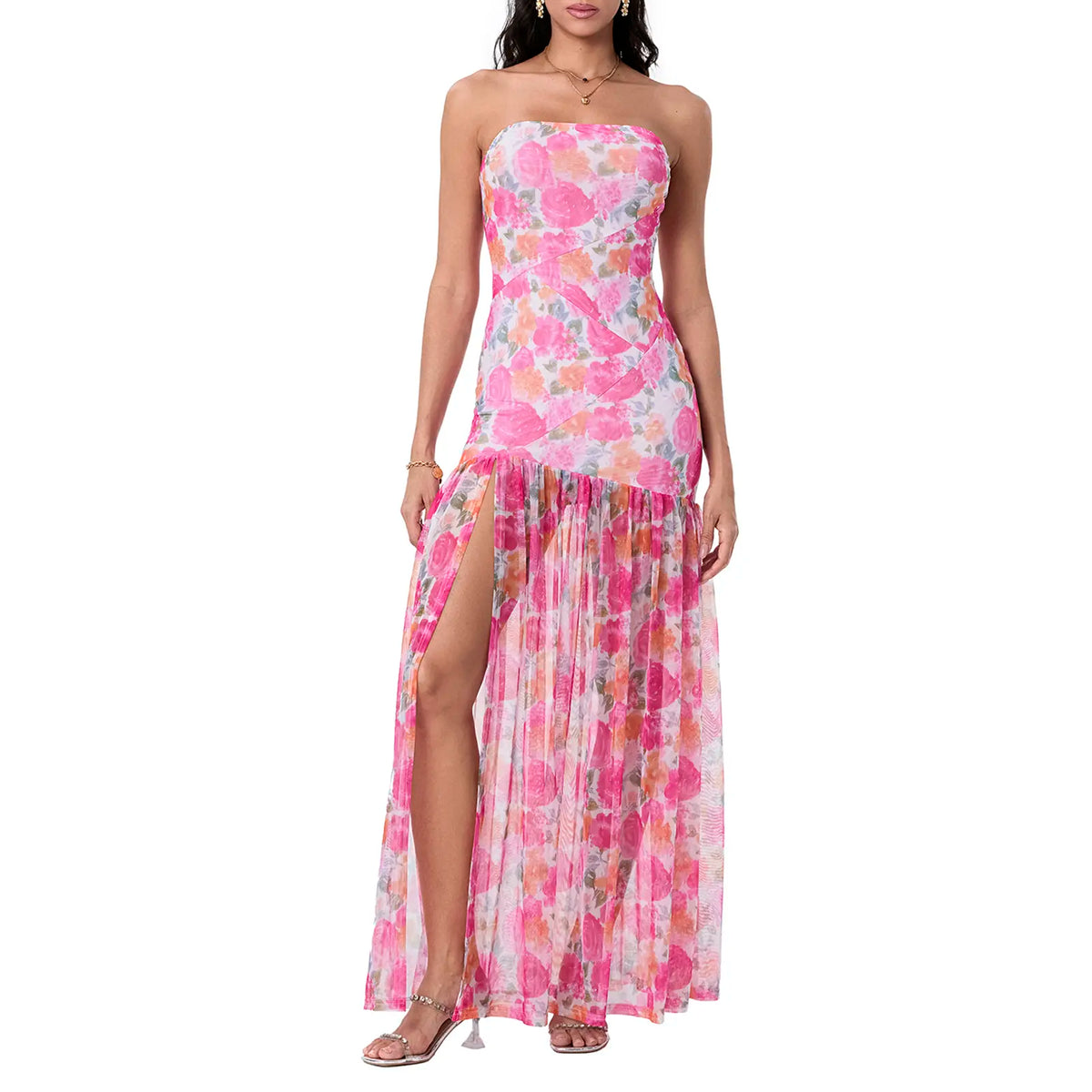 Women's Tube Top DressStrapless Backless Mesh Patchwork Tropical Leopard Print High Slit Long Dress for Party Club Night - Seldom Seen Styles